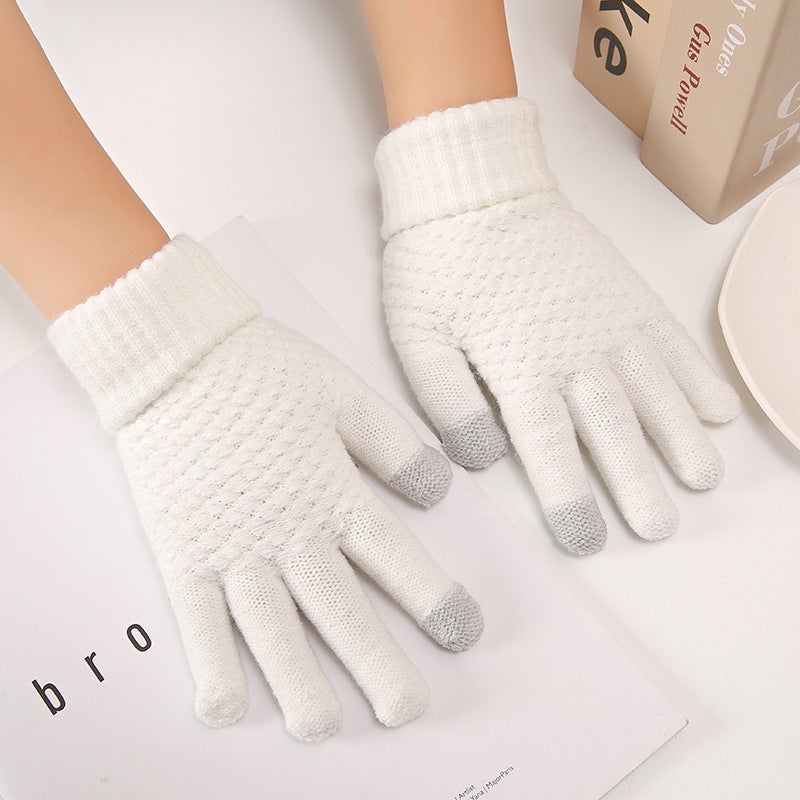 Touch Screen Gloves Winter Womens fleece-lined Thick Cotton Warm Cold-proof Riding Wool Pineapple Gloves Autumn and Winter Mens White-reverse touch screen gloves