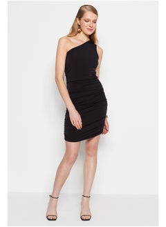 Black Gathered Detailed Body-Shouldered One-Shoulder Mini Elastic Knitted Dress TWOSS23EL00402
