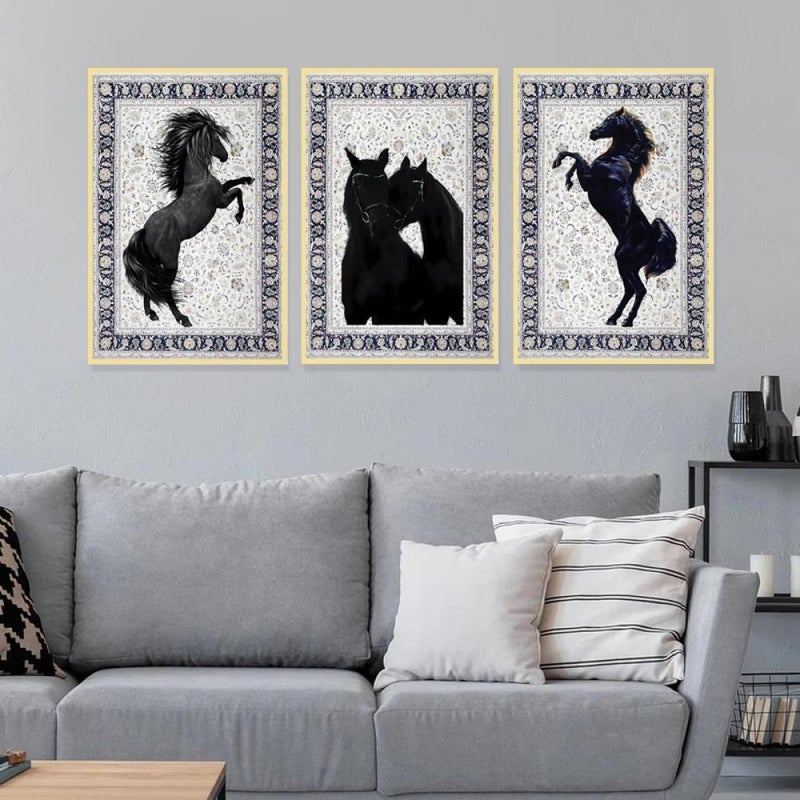 Marktna Three canvas paintings with a horse design and a hollow frame, measuring (150×70), three pieces - Image 2
