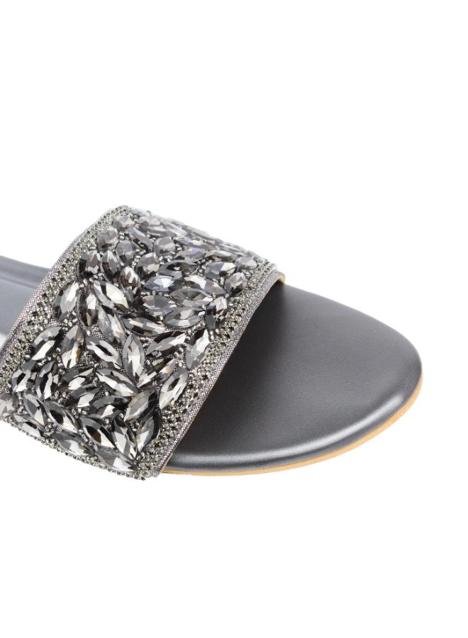 Dollar's Fashion Open Toe Slip On Flats Women Sandals, Crystal Embellished Elegant Synthetic Leather Ladies Fashion Footwear (Grey) - Image 4