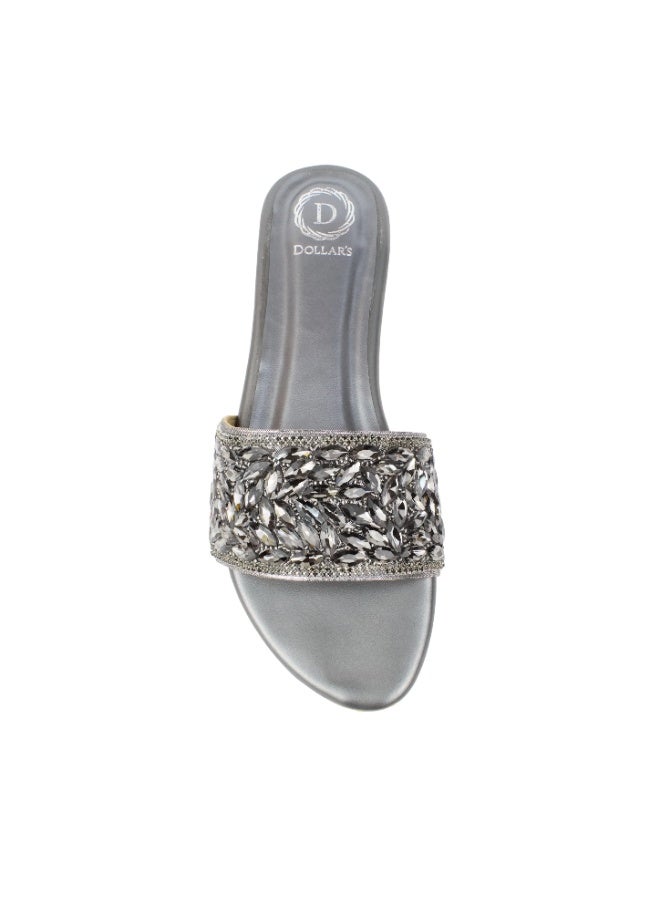 Dollar's Fashion Open Toe Slip On Flats Women Sandals, Crystal Embellished Elegant Synthetic Leather Ladies Fashion Footwear (Grey) - Image 2