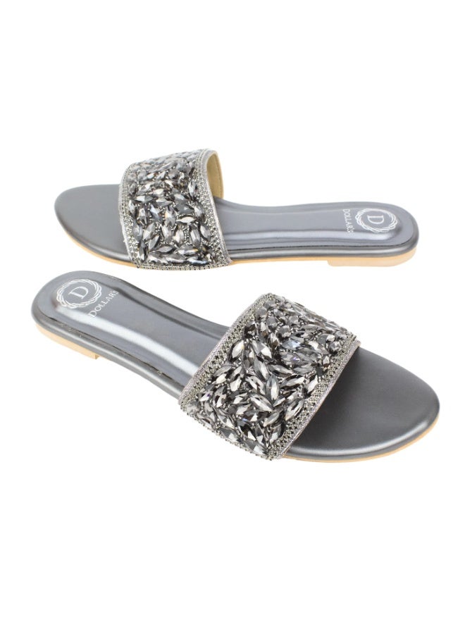 Dollar's Fashion Open Toe Slip On Flats Women Sandals, Crystal Embellished Elegant Synthetic Leather Ladies Fashion Footwear (Grey) - Image 1