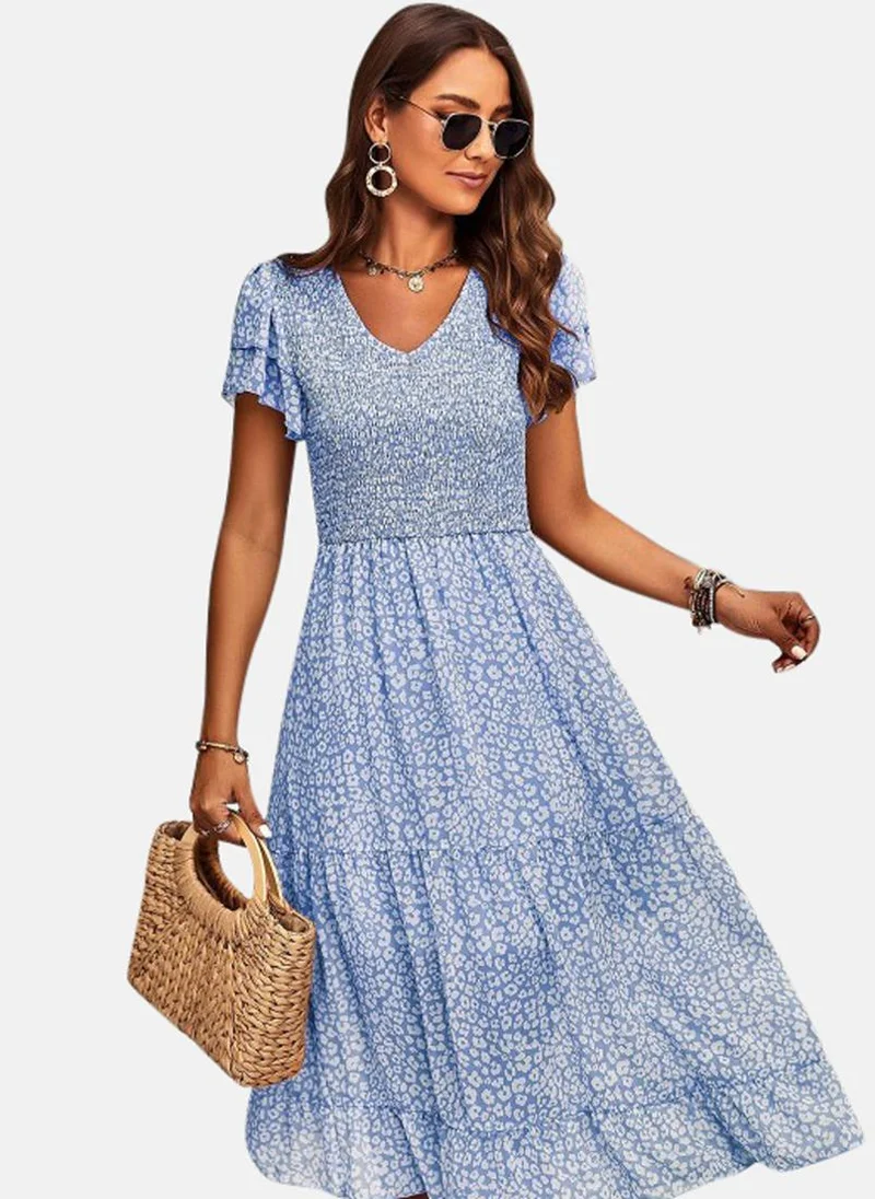 YUNIQEE Blue Printed A-Line Midi Dress