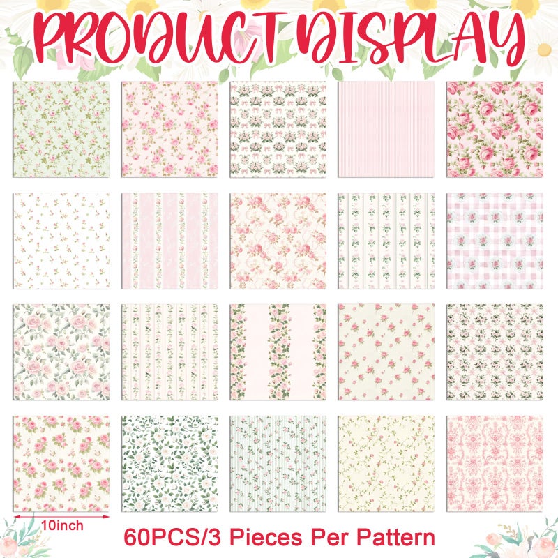Tudomro 60 Pcs Pink Floral Fabric Squares Bundles 10 x 10 Inch Cotton Rose Quilting Fabric Pink Spring Flower Fat Quarters Printed Cloth Quilt Patchwork Material for Sewing DIY Crafts Supplies - Image 3