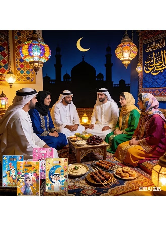 100 Pcs Eid Themed Cute Cartoon Gift Bags Arabic Style Kids Party Favor Bags with Handle Ideal for Ramadan Gifts Birthday Celebrations Festival Goodie Bags Baby Shower Treat Packaging - Image 4