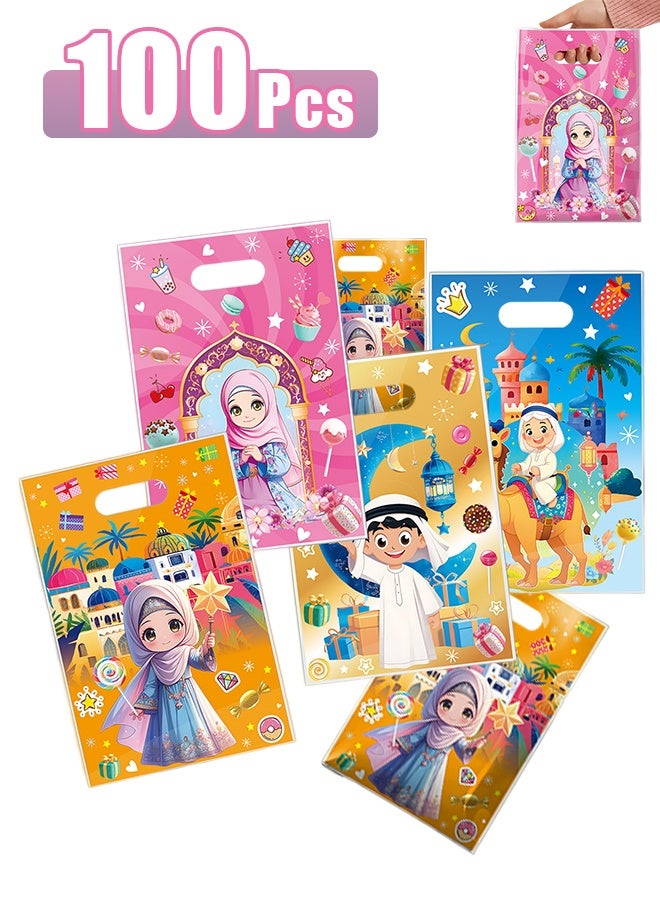 100 Pcs Eid Themed Cute Cartoon Gift Bags Arabic Style Kids Party Favor Bags with Handle Ideal for Ramadan Gifts Birthday Celebrations Festival Goodie Bags Baby Shower Treat Packaging - Image 1