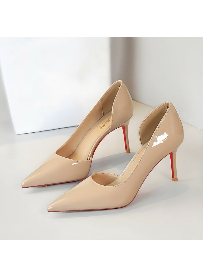 بيج تري المضخات النسائية مغلقة إصبع القدم الكعب العالي الحزب فستان الأحذية الخاكي 7.5CM