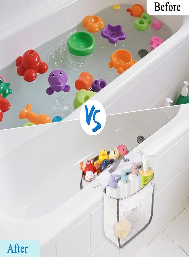 Cathyeen Saddle Shape Bath Toy Organizer, 2 Compartments Wide Opening Mesh Bath Tub Toy Storage for Easy Access to Toys, Side Pockets & Bottom Zipper Design, Quick Drying Toy Holder for Tub (Gray) - Image 5