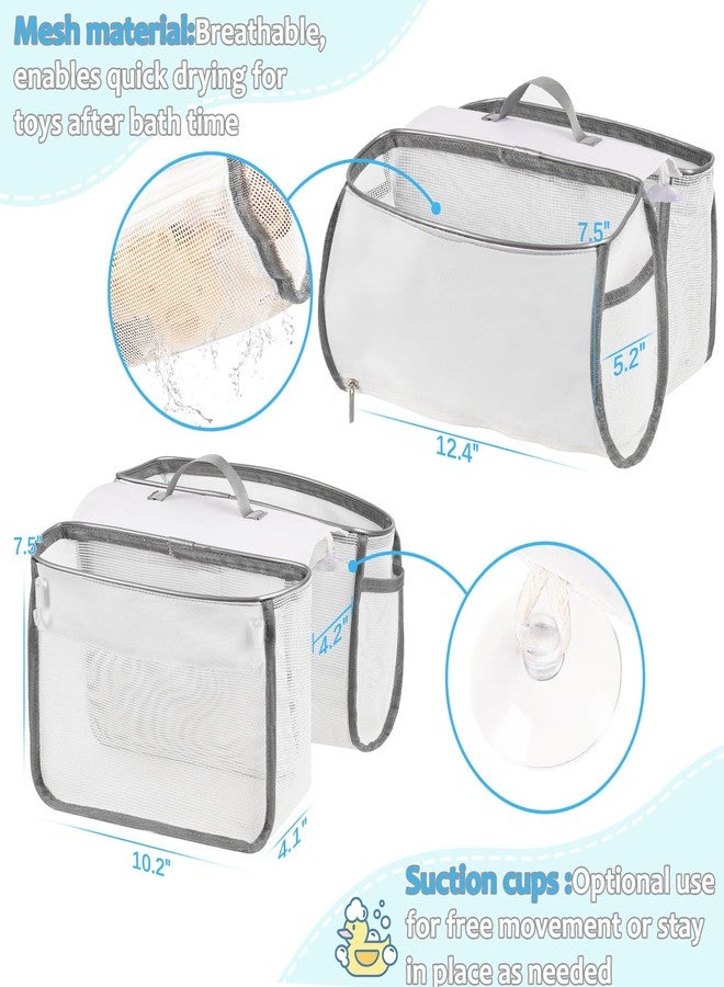 Cathyeen Saddle Shape Bath Toy Organizer, 2 Compartments Wide Opening Mesh Bath Tub Toy Storage for Easy Access to Toys, Side Pockets & Bottom Zipper Design, Quick Drying Toy Holder for Tub (Gray) - Image 2