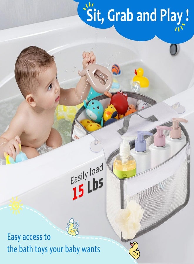 Cathyeen Saddle Shape Bath Toy Organizer, 2 Compartments Wide Opening Mesh Bath Tub Toy Storage for Easy Access to Toys, Side Pockets & Bottom Zipper Design, Quick Drying Toy Holder for Tub (Gray) - Image 3