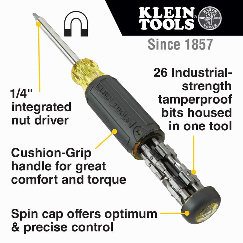 Klein Tools 32307 Multi-bit Tamperproof Screwdriver, 27-in-1 Tool with Torx, Hex, Torq and Spanner Bits with 1/4-Inch Nut Driver - Image 2