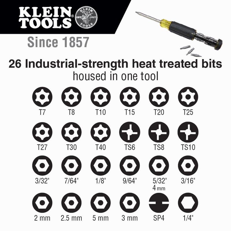 Klein Tools 32307 Multi-bit Tamperproof Screwdriver, 27-in-1 Tool with Torx, Hex, Torq and Spanner Bits with 1/4-Inch Nut Driver - Image 3
