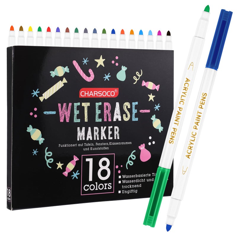 CHARSOCO Wet Erase Markers, 18 Colors Whiteboard Markers, Low Odor Wet Erase Pens with 1-2mm Fine Tip, Perfect for Writing on Whiteboards, Glass, Mirror, Home, Office and School Supplie - 806 - Image 1