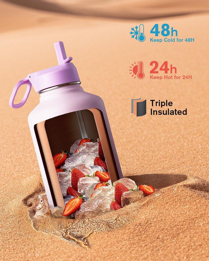 Coolflask Half Gallon Water Bottle Insulated with Straw & 3 Lids, 64 oz Water Jug Large Metal Stainless Steel Wide Mouth for Sports, Gym or Office, Non-BPA Keep Cold 48H Hot 24H, Pink - Image 2