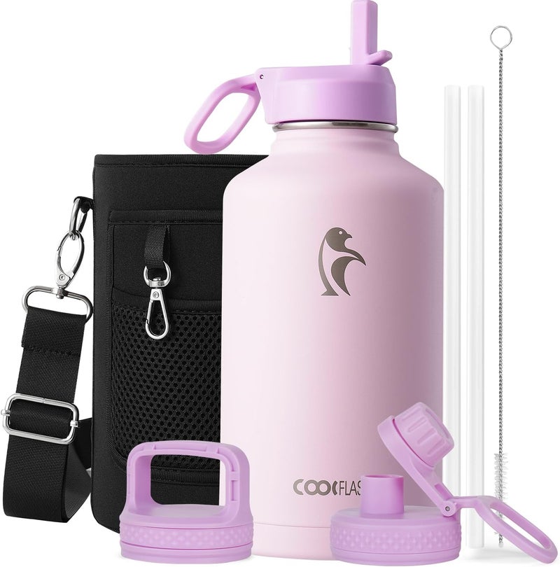 Coolflask Half Gallon Water Bottle Insulated with Straw & 3 Lids, 64 oz Water Jug Large Metal Stainless Steel Wide Mouth for Sports, Gym or Office, Non-BPA Keep Cold 48H Hot 24H, Pink - Image 1