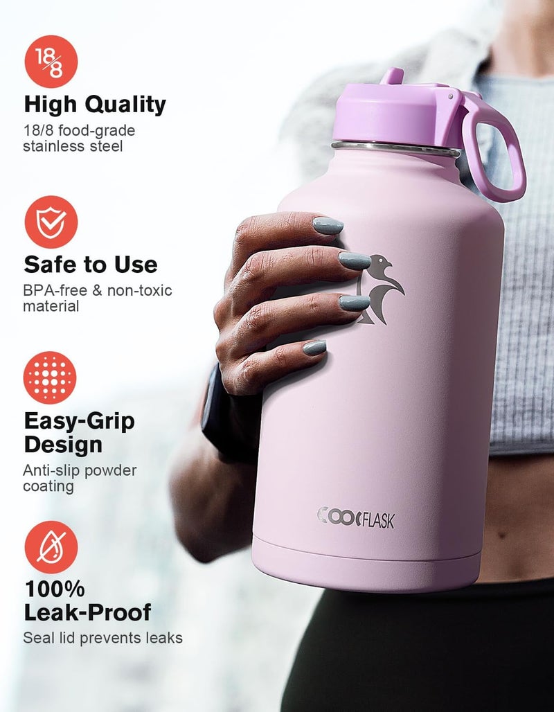 Coolflask Half Gallon Water Bottle Insulated with Straw & 3 Lids, 64 oz Water Jug Large Metal Stainless Steel Wide Mouth for Sports, Gym or Office, Non-BPA Keep Cold 48H Hot 24H, Pink - Image 3