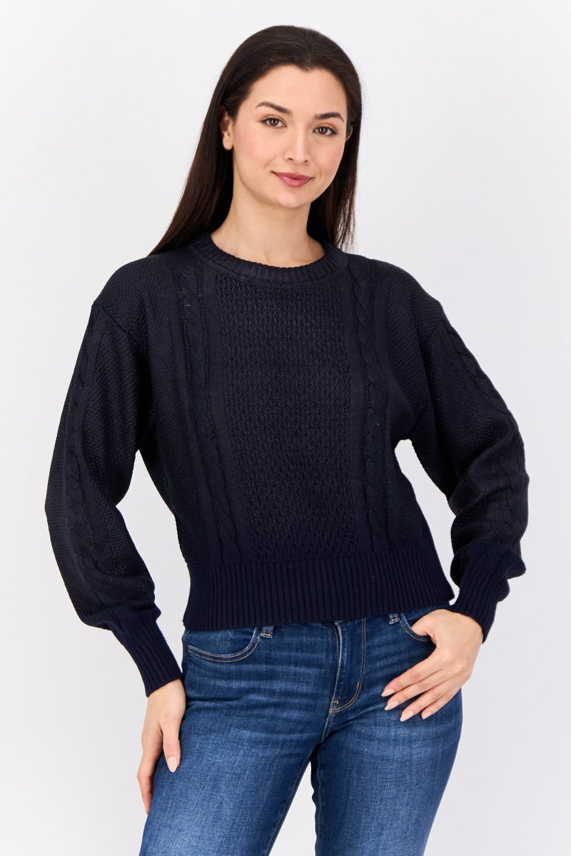 ESPRIT Women Round Neck Textured Long Sleeves Crop Sweatshirt, Navy  - Image 1