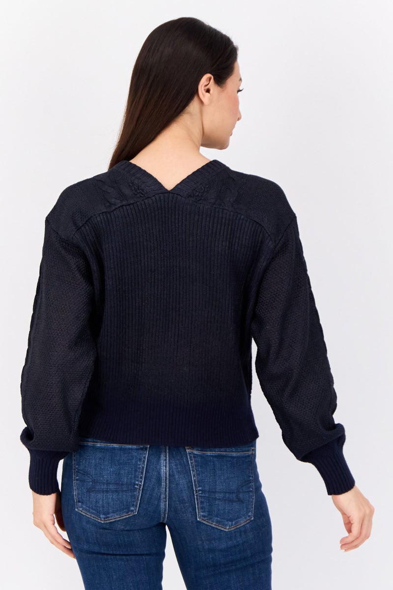 ESPRIT Women Round Neck Textured Long Sleeves Crop Sweatshirt, Navy  - Image 2