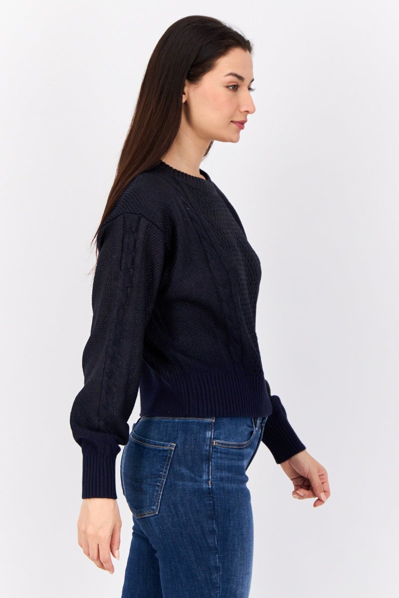 ESPRIT Women Round Neck Textured Long Sleeves Crop Sweatshirt, Navy  - Image 4