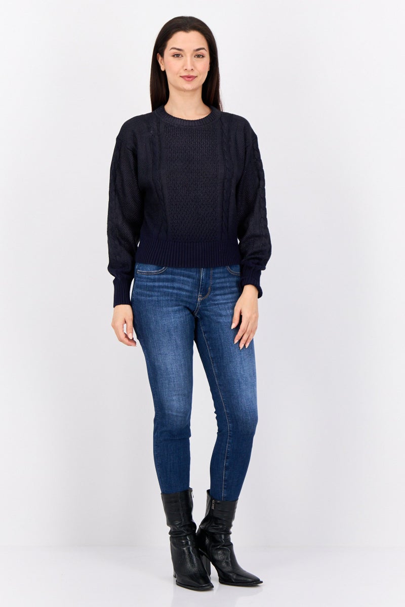 ESPRIT Women Round Neck Textured Long Sleeves Crop Sweatshirt, Navy  - Image 3