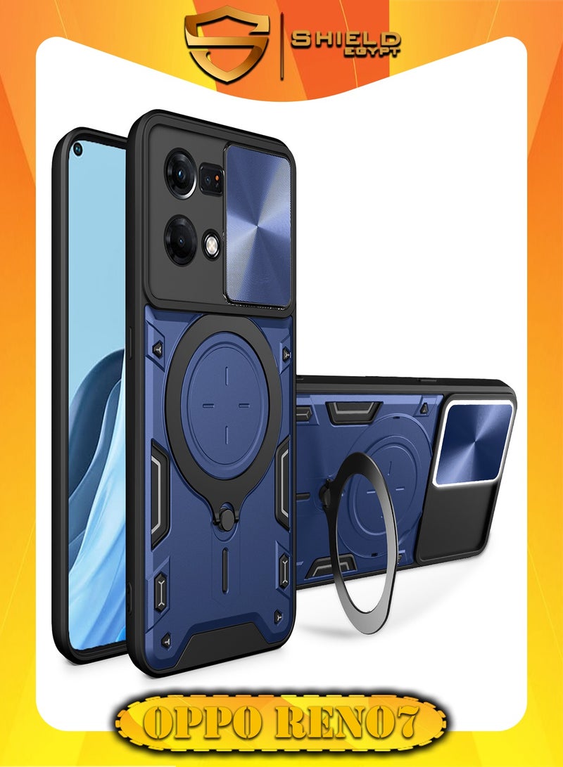 شيلد ايجيبت لهاتف اوبو 7 4جى (Oppo Reno 7 4G) جراب حماية مع باب جرار لحماية عدسة  الكاميرا المدرعة مدمج بزاوية 360 درجة - (ازرق)