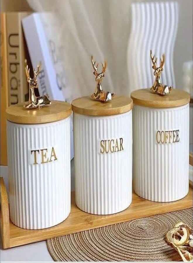 Generic Decorative Kitchen Canisters Set, 600ml White Porcelain Tea Coffee Sugar Storage Jars, Gold Deer Lids with Bamboo Stand, 3-Piece. A2