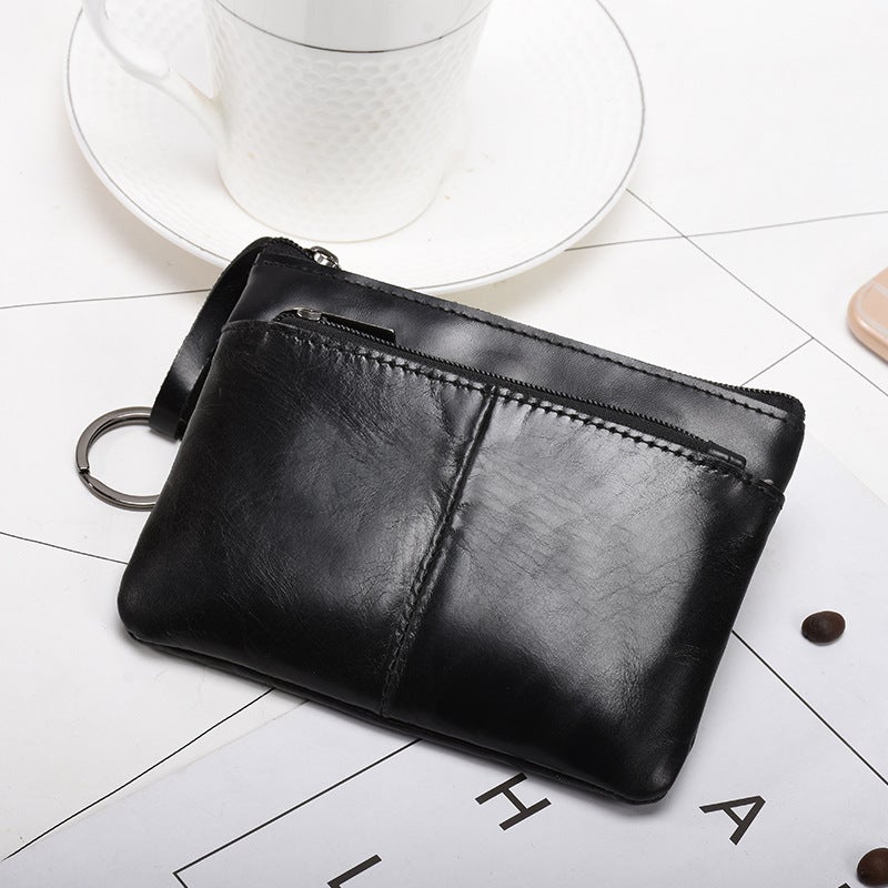 New Trendy Genuine Leather Mens Simple Coin Purse Womens Zipper Hand Wallet Vintage Short Cowhide Card Bag Cross-Border Black Matte