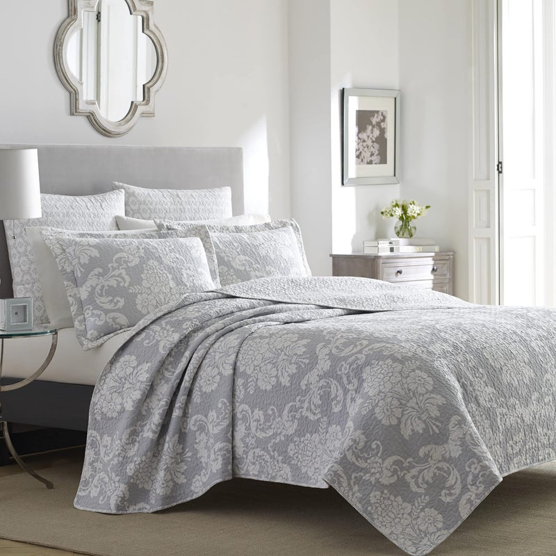 Laura Ashley - King Quilt Set, Cotton Reversible Bedding with Matching Shams, Lightweight Home Decor Ideal for All Seasons (Venetia Grey, King) - Image 1