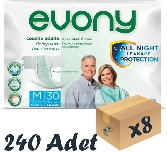 evony Adult Patient Diapers with Waistband Medium 30 Pack 8 Pack 240 Pieces