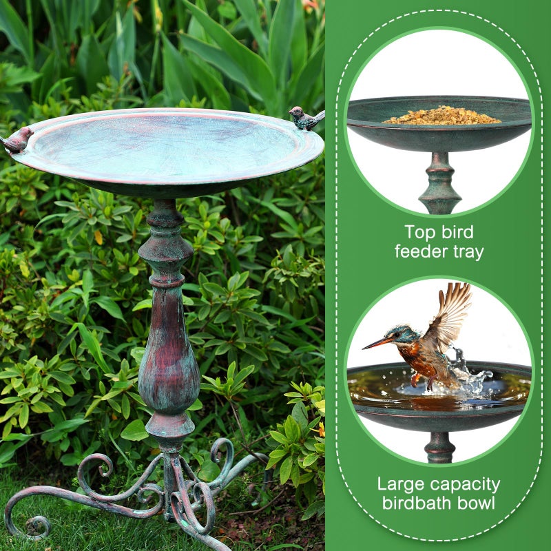 Newtay 27.25 Ornate Metal Pedestal Style Birdbath with Cast Iron Vintage Birds Baths for Outdoors on Rim Full Base Standing Bird Bath Tray for Garden Yard Decoration, Green, Not Easy to Rust - Image 4