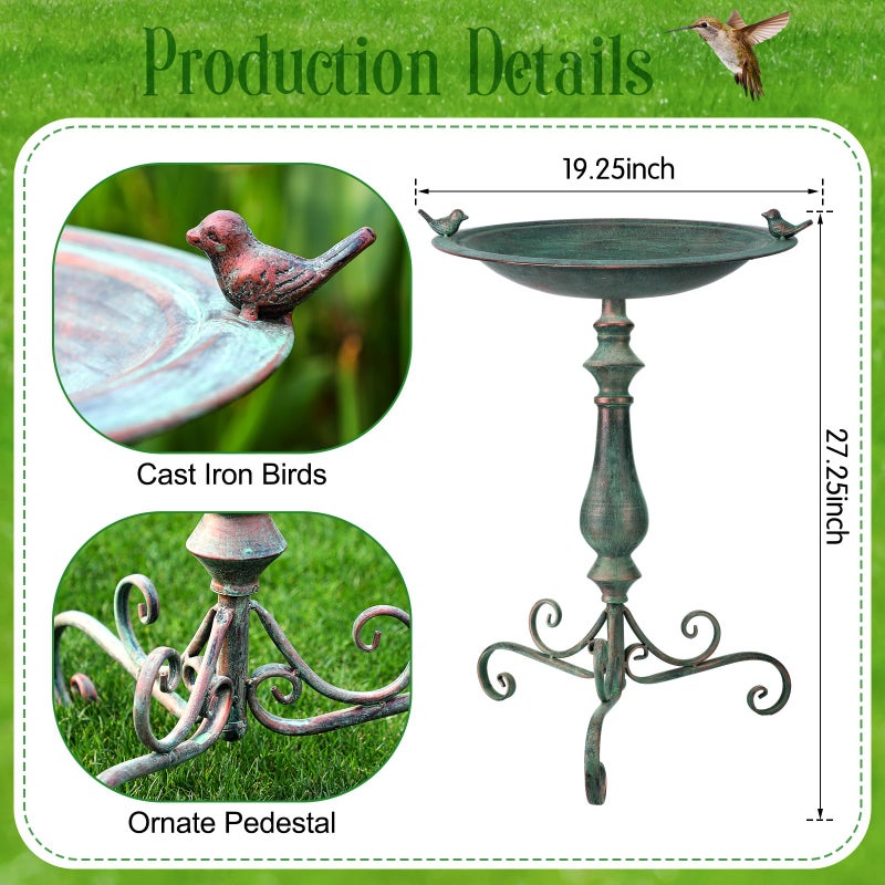 Newtay 27.25 Ornate Metal Pedestal Style Birdbath with Cast Iron Vintage Birds Baths for Outdoors on Rim Full Base Standing Bird Bath Tray for Garden Yard Decoration, Green, Not Easy to Rust - Image 2