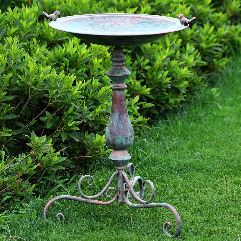 Newtay 27.25 Ornate Metal Pedestal Style Birdbath with Cast Iron Vintage Birds Baths for Outdoors on Rim Full Base Standing Bird Bath Tray for Garden Yard Decoration, Green, Not Easy to Rust - Image 1