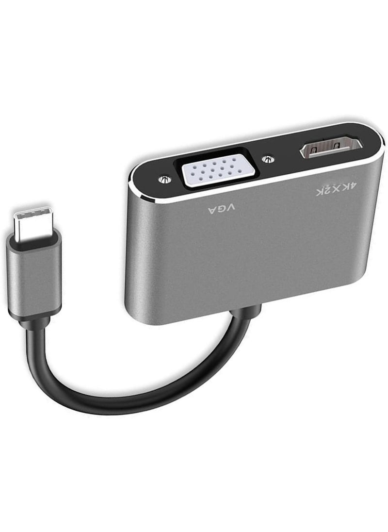 محول USB-C إلى HDMI وVGA – وصلة تايب سي مزدوجة العرض للابتوب أو الهاتف – تصميم مدمج ومتين – رمادي