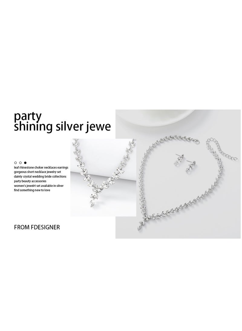 3Pcs Rhinestone Jewelry Set Stylish Elegant Leaf Necklace Zircon Earrings Chic Dress Accessory Festival Gift for Women Ladies Mother Wife Wedding Party Silver  - Image 2