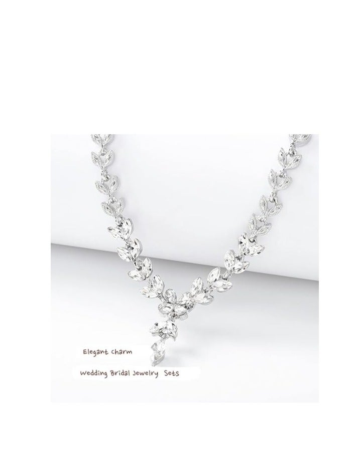 3Pcs Rhinestone Jewelry Set Stylish Elegant Leaf Necklace Zircon Earrings Chic Dress Accessory Festival Gift for Women Ladies Mother Wife Wedding Party Silver  - Image 5