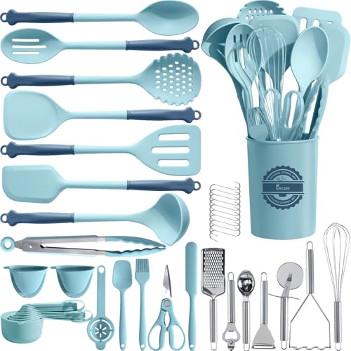Kikcoin 43Pcs Large Kitchen Utensils Set - Silicone Cooking Utensils Set, Dishwasher Safe Spatula Set for Non-stick Cookware, 446°F Heat Resistant Kitchen Utensils Set with Holder BPA Free, Blue - Image 1