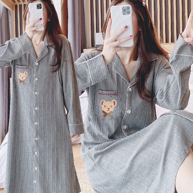 Pure Cotton Moon Dress Nursing Nightdress Spring and Summer Thin Postpartum Maternal Hospitalization Long Dress Pregnant Women Pajamas Nursing Dress 2162 bear dark gray [Cotton]] 