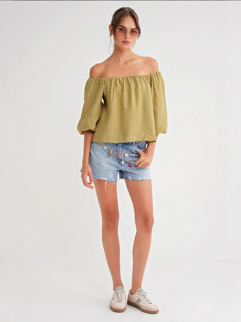 MixRay Olive Green Mixray Modal Blended Blouse with Madonna Collar and Ruffle Detail for Women | Best Price UAE