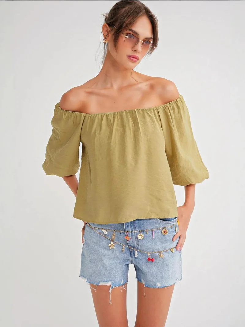 MixRay Olive Green Mixray Modal Blended Blouse with Madonna Collar and Ruffle Detail for Women | Best Price UAE