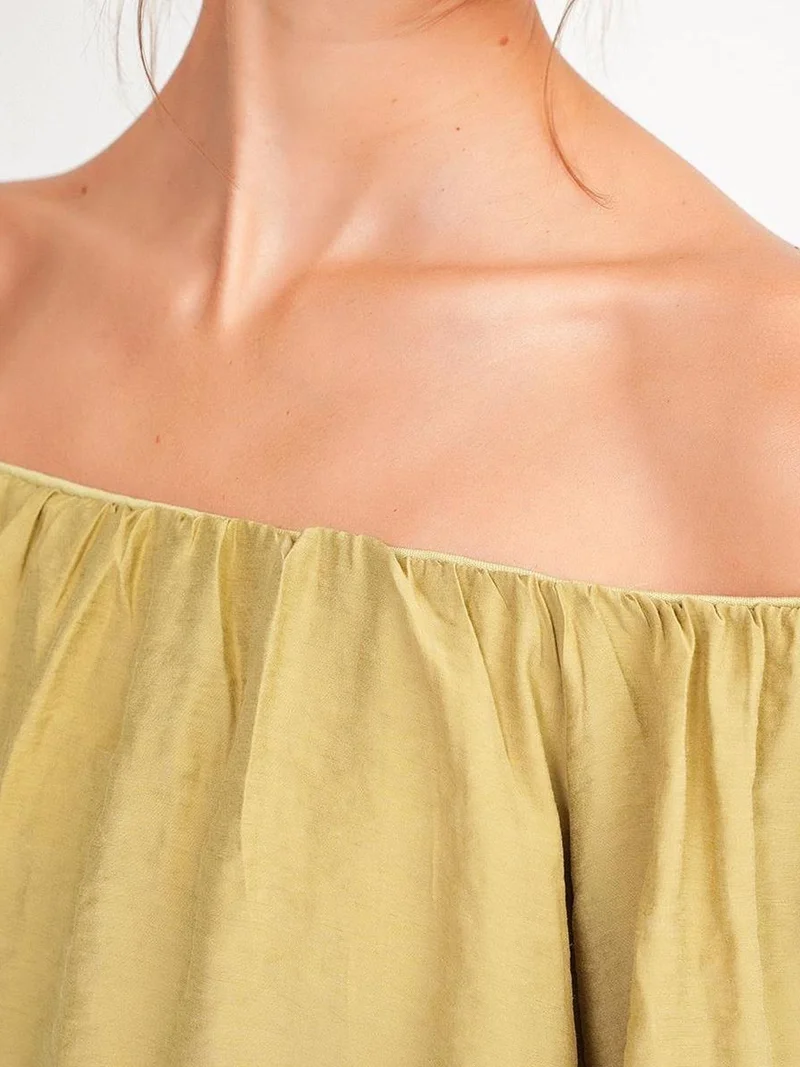 MixRay Olive Green Mixray Modal Blended Blouse with Madonna Collar and Ruffle Detail for Women | Best Price UAE