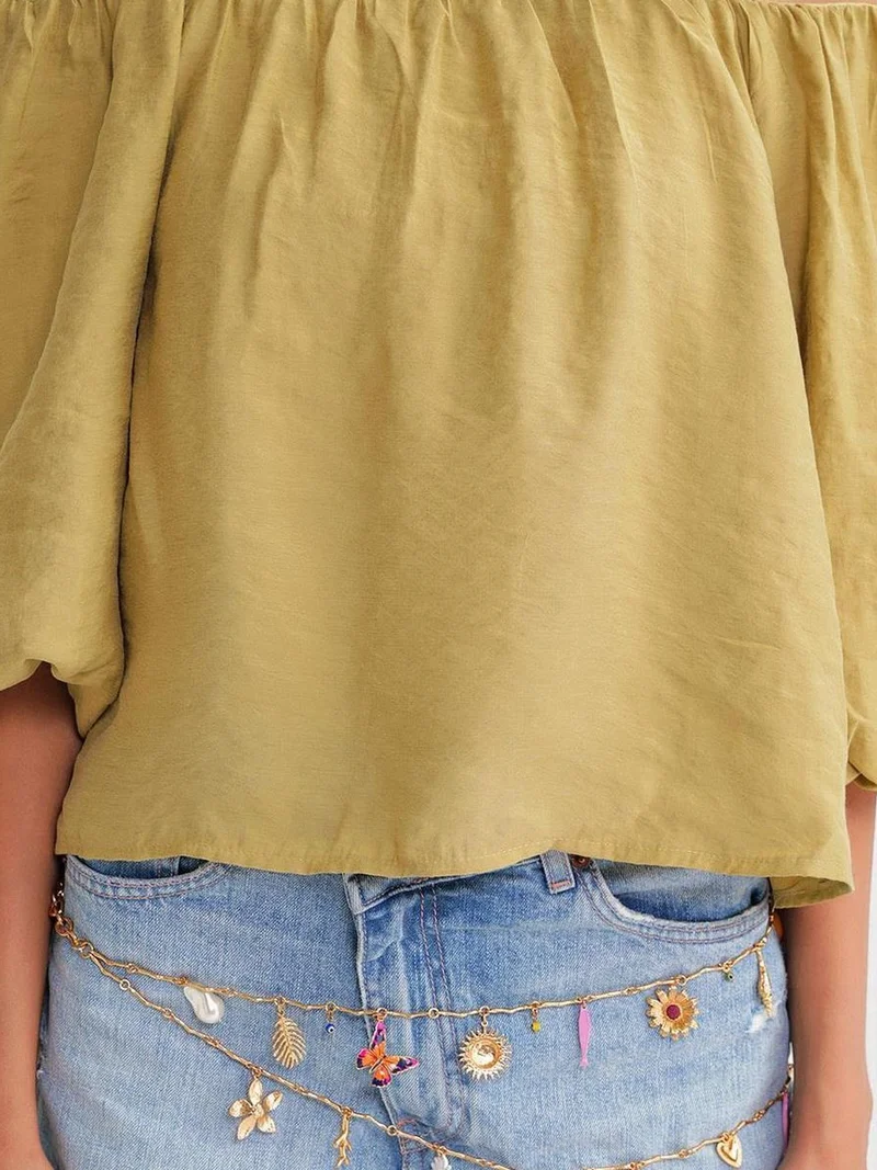 MixRay Olive Green Mixray Modal Blended Blouse with Madonna Collar and Ruffle Detail for Women | Best Price UAE