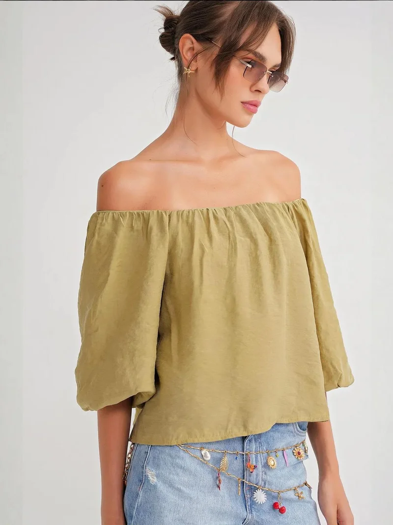 MixRay Olive Green Mixray Modal Blended Blouse with Madonna Collar and Ruffle Detail for Women | Best Price UAE