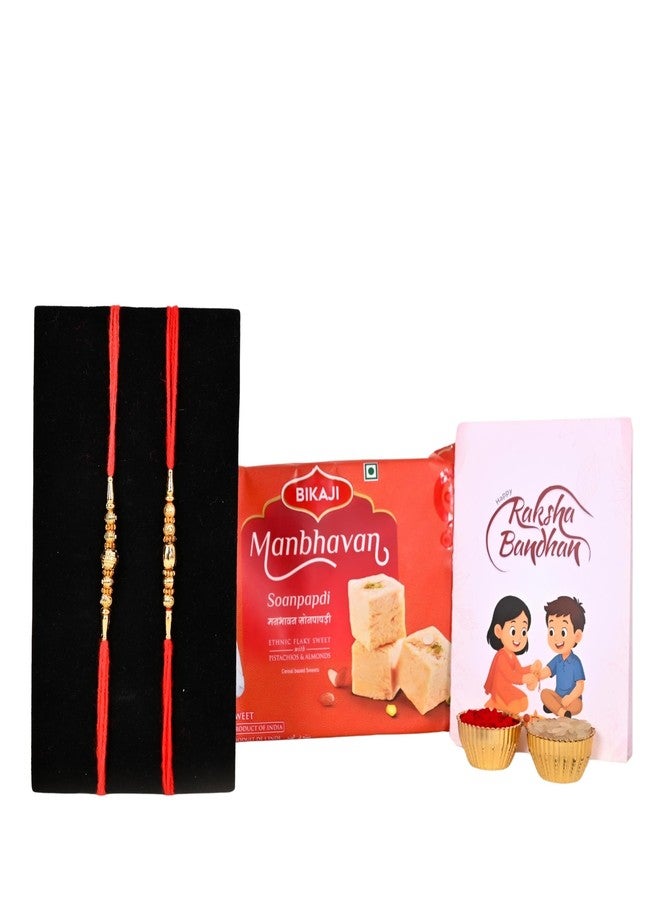 Poorak Rakhi Hamper – 2 Rakhi, Son Papdi (200g), Roli Chawal & Greeting Card - Image 1