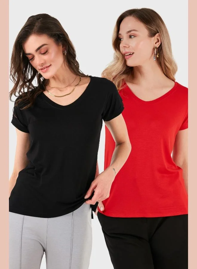 Lela Lela V-Neck Relaxed Fit Slit Detailed 2-Pack Blouse Women's BLOUSE 5862000S2