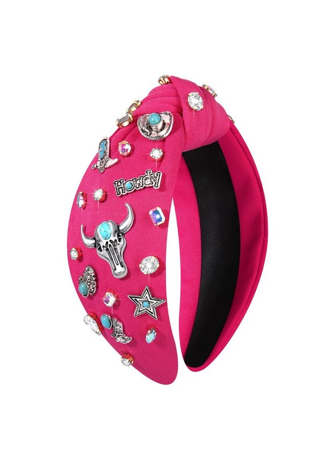 YAHPERN Crystal Knotted Headbands For Women Rhinestone Jeweled Headbands Western Cowboy Boot Embellished Hairbands Vintage Cowgirl Rodeo Outfit Accessories (Rose Red 2)  - Image 1