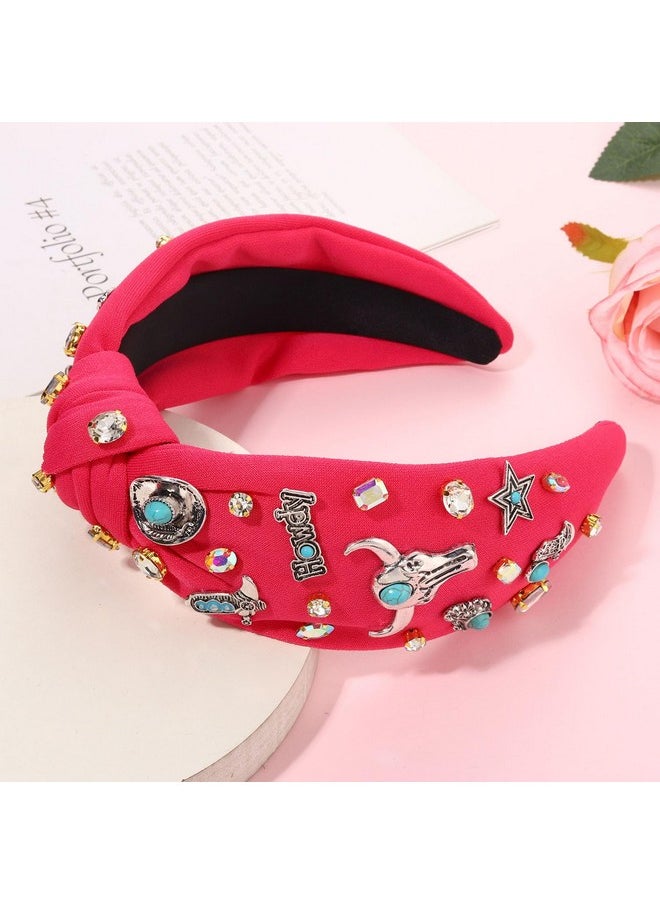 YAHPERN Crystal Knotted Headbands For Women Rhinestone Jeweled Headbands Western Cowboy Boot Embellished Hairbands Vintage Cowgirl Rodeo Outfit Accessories (Rose Red 2)  - Image 2