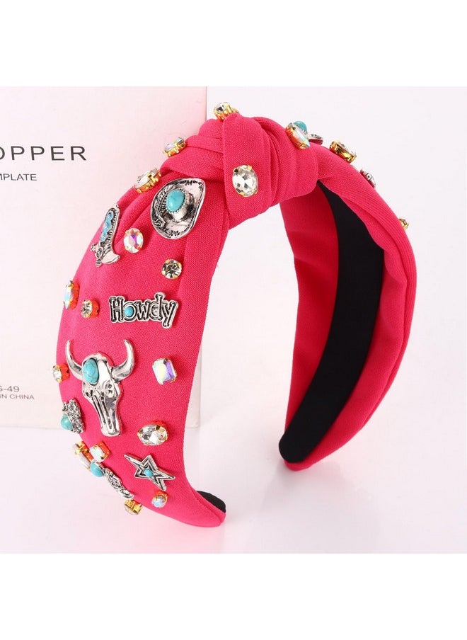 YAHPERN Crystal Knotted Headbands For Women Rhinestone Jeweled Headbands Western Cowboy Boot Embellished Hairbands Vintage Cowgirl Rodeo Outfit Accessories (Rose Red 2)  - Image 3