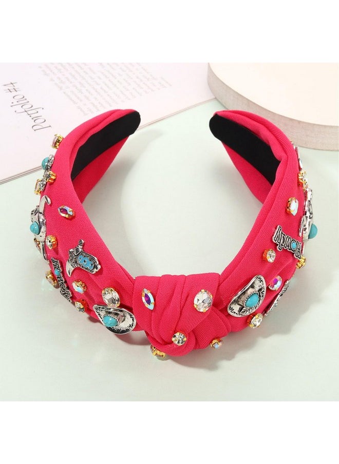 YAHPERN Crystal Knotted Headbands For Women Rhinestone Jeweled Headbands Western Cowboy Boot Embellished Hairbands Vintage Cowgirl Rodeo Outfit Accessories (Rose Red 2)  - Image 4