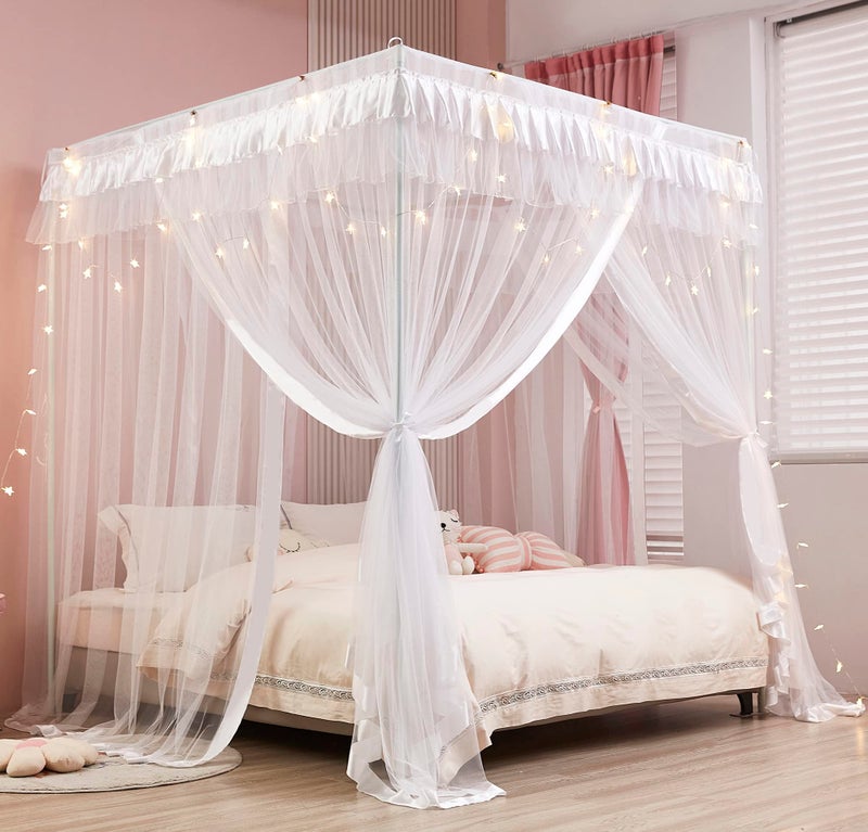 Mengersi Princess 4 Corners Post Bed Curtain Canopy Mosquito Netting White Twin