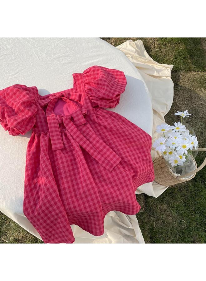 Korean Style Children's Clothing Girls' Bubble Sleeve Dress Little Girl's Summer Western Style Bow Backless Children's Princess Dress 